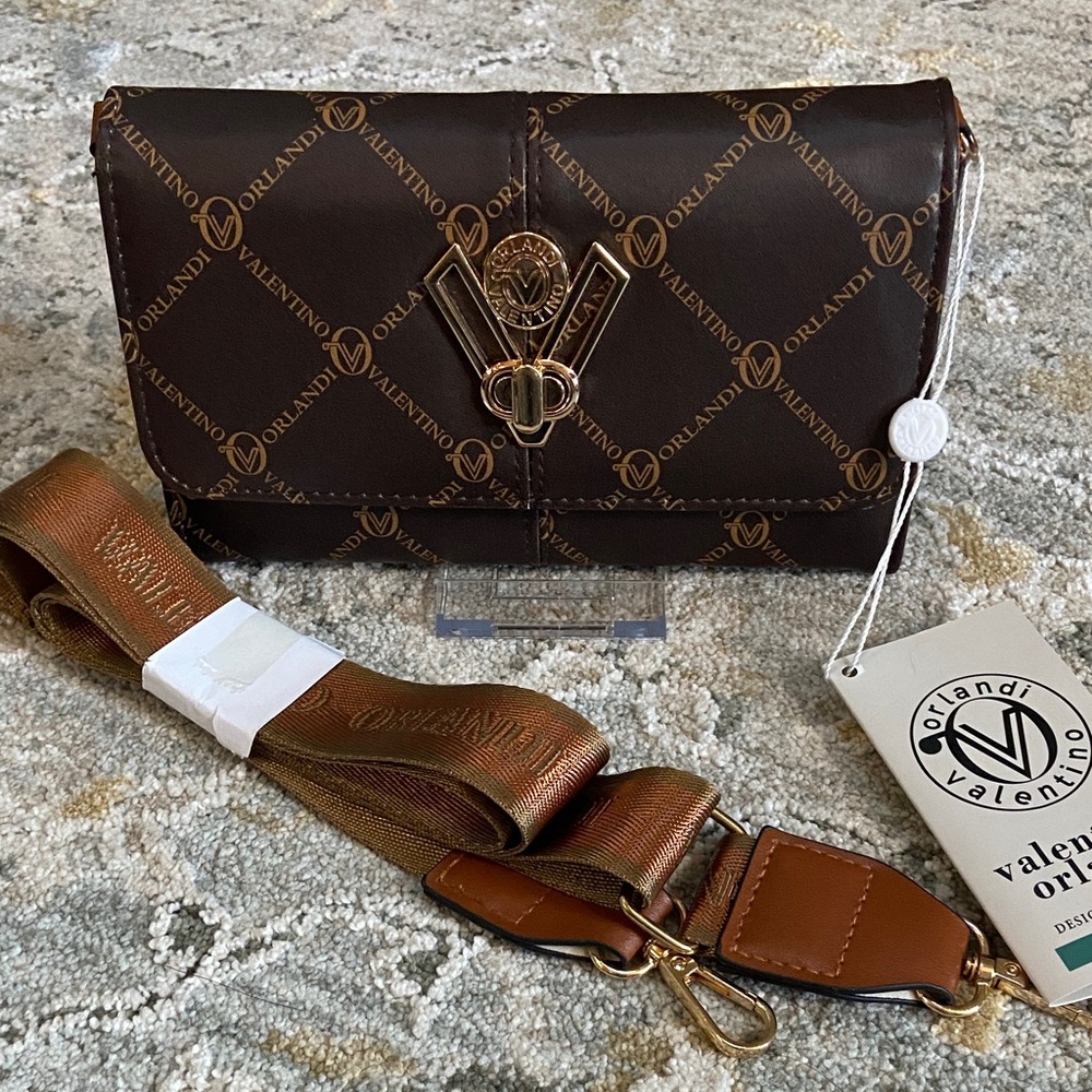Valentino Orlandi Brown Monogram Crossbody with Gold Hardware
